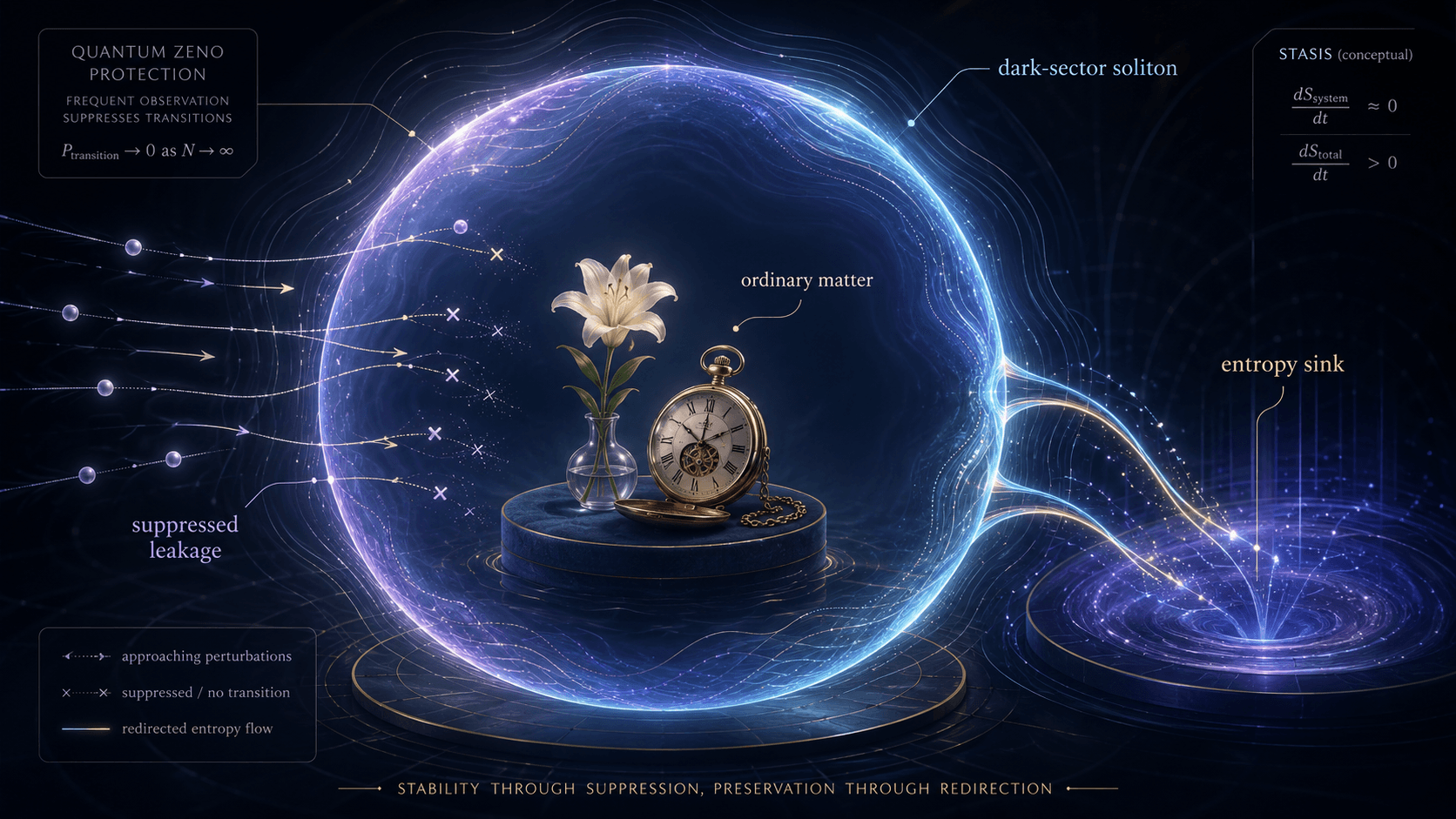 Conceptual illustration of a dark-sector soliton bubble protecting ordinary matter via Quantum Zeno suppression, with redirected entropy flow to an external entropy sink.